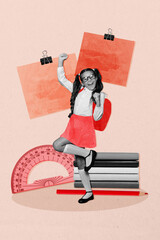 Poster - Zine banner vertical photo collage of excited schoolgirl stand book stack ruler sticker memo primary school learner clip