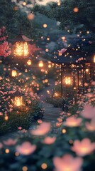 Wall Mural - beautiful garden with a path lit by lanterns. the lanterns are lit up and the flowers are pink