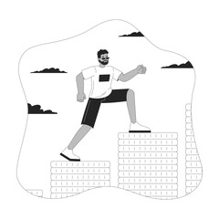 Fototapete - A lot of savings line onboarding ui illustration. Black man climbing stacks of coins toward success. Capitalist stepping confidently up outline 2D concept isolated. Ink linear metaphor vector art