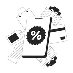 Fototapete - Mobile shopping and discount marketing line onboarding ui illustration. Smartphone percentage, cashback, receipt, ecommerce gifts outline 2D concept isolated. Ink linear metaphor vector art