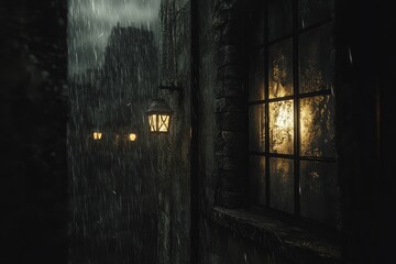 Poster - Window with rain on it and a light shining through it. Scene is dark and mysterious