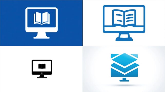 Online learning icons depicting book on computer screen in blue, white, and black