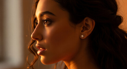Poster - Close-up profile of woman's face, illuminated by warm light, showcasing skin texture and earring detail, suggesting elegance and beauty