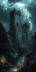 Wall Mural - castle with a lightning bolt in the sky. the castle is surrounded by a dark forest and the sky is cl