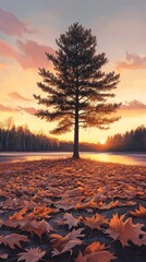 Poster - Tree stands in a field of fallen leaves