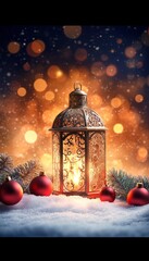 Poster - Charming Holiday Scene with Ornate Lanterns, Red Ornaments, and Soft Golden Lights for Christmas