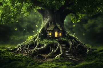 Poster - A whimsical treehouse resides at the base of a colossal tree, surrounded by lush greenery and soft illumination, creating a tranquil escape into a magical realm.