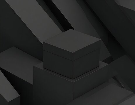 Monochromatic black box on geometric platforms creates a modern and minimalist scene