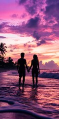 Poster - Couple standing on the beach holding hands. The sky is pink and purple. The ocean is calm