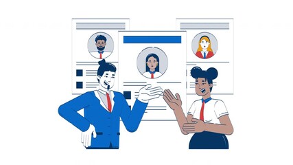Poster - HR managers discussing resumes doodle animation. Corporate careers. Hiring conversation with CVs candidate profiles animated 2D flat cartoon concept, white background. 4K video motion graphic