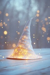 Poster - A stunning witch hat adorned with sparkling lights sits in a winter landscape, creating a magical and enchanting atmosphere perfect for holiday celebrations.