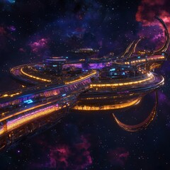Poster - Colorful space station with a bright neon light on top. The space station is surrounded by a purple and orange sky