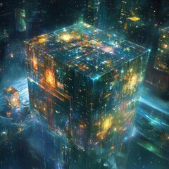 Wall Mural - cube with many lights on it is floating in space