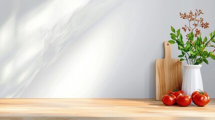 Poster - Sunlit minimalist kitchen counter features a plant in a white vase wooden a a cutting board, creating and serene and stylish culinary space