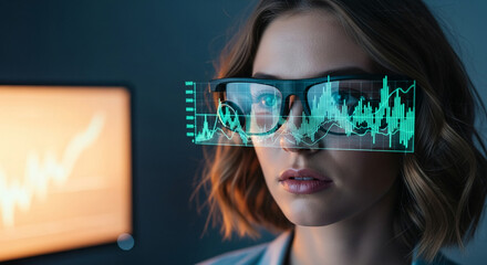 Poster - Woman wearing glasses displaying financial graphs, symbolizing technological advancement in finance, data analysis, and modern business