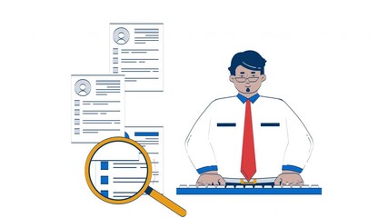 Aufkleber - HR manager screening resumes with magnifying glass doodle animation. Candidate search. Employee select loupe recruiter animated 2D flat cartoon concept, white background. 4K video motion graphic