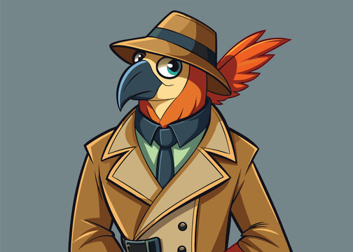 Parrot in Classic Trench Coat Stylish Vector Bird with Detective Vibe Bold Outlines and Flat Noir Aesthetic 
