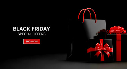 Poster - Black Friday special offers with shopping bag and gift boxes image