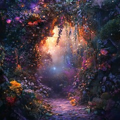 Poster - Discover a magical forest pathway, vibrant with colorful flowers and a mystical glow, inviting exploration in a serene and enchanting landscape.