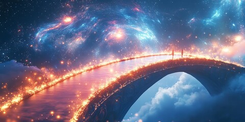 Poster - A stunning and surreal bridge illuminated by glowing lights connects two realms under a breathtaking cosmic sky filled with stars and galaxies.