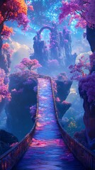 Poster - A stunning ethereal landscape featuring a vibrant bridge amidst colorful trees, leading to a mystical structure, radiating tranquility and imagination.