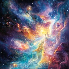 Poster - Dive into a mesmerizing cosmic journey showcasing vibrant nebulas and radiant stars. This artwork captures the beauty and mystery of the universe.
