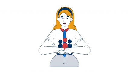 Aufkleber - Female leader caring about employees doodle animation. HR empathy responsibility. Human resources manager staff retention animated 2D flat cartoon concept, white background. 4K video motion graphic