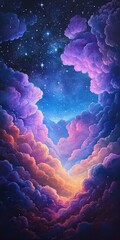 Poster - A captivating depiction of cosmic clouds illuminated by vibrant colors, against a starry night sky. This dreamy landscape evokes feelings of tranquility and wonder.