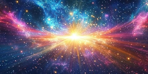 Poster - A stunning cosmic explosion radiates vibrant colors through a star-filled universe, representing beauty and awe in deep space. Perfect for art and design.