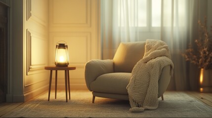 Poster - Cozy living room with a lamp on a table and a chair with a blanket draped over it