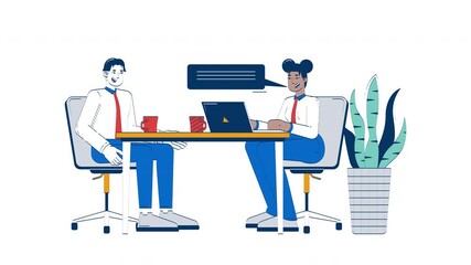Poster - Job interview process doodle cartoon animation. Diverse HR manager jobseeker onboarding. Casual workplace conversation animated 2D characters isolated on white background. 4K video motion graphic