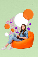Fototapete - Pop trend collage of young lady write use netbook with mail on green color background