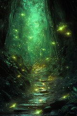 Poster - A forest with a path that is lit up with fireflies