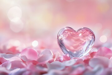Poster - Heart made of glass sits on a bed of pink petals. The heart is surrounded by a pink and white background, which gives the image a romantic and delicate feel