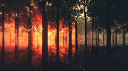 Poster - Forest with trees that are lit up in the sun. The sun is shining through the trees, creating a warm and peaceful atmosphere