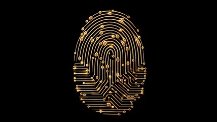 Poster - Biometric technology features a golden fingerprint design with scanning lines and nodes on a black background