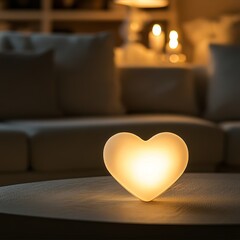Poster - Small heart-shaped light sits on a table in a dimly lit room. The light is lit up, creating a warm and cozy atmosphere. The room is furnished with a couch