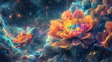 Poster - This captivating image features vibrant cosmic flowers floating in a dreamlike nebula. Bursting with color and detail, it evokes a sense of wonder and beauty in a cosmic landscape.