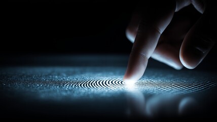Poster - A finger gently presses against a luminous surface displaying intricate fingerprint patterns