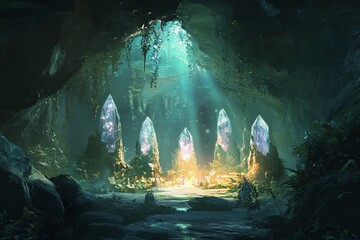 Poster - A mesmerizing cavern adorned with radiant crystals, glowing gently in a serene underground setting. Lush plants and moss enhance the magical atmosphere, inviting exploration.