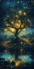 Poster - A magical tree illuminated with glowing lights stands beside tranquil waters, creating a serene night scene filled with beauty and enchantment.