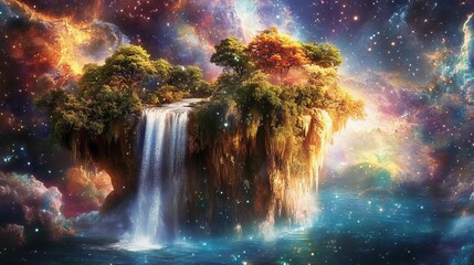 Poster - Fantasy Island with Waterfall Under Cosmic Sky and Stars