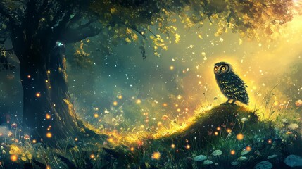 Poster - This enchanting illustration showcases a mystical owl surrounded by glowing fireflies in a serene forest setting, evoking magic and tranquility.