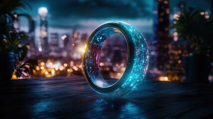 Aufkleber - Glass ring with glowing orange light trails inside creates a futuristic and technological atmosphere