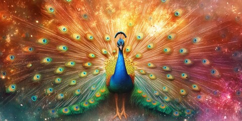 A colorful peacock with its head held high and its feathers spread out. The peacock is surrounded by a galaxy of stars, giving the image a sense of wonder and awe