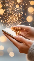 Poster - Woman scrolling digital device, golden glitter sparkling from screen, reflecting modern communication and stylish technological engagement