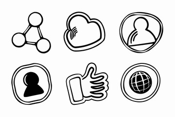 Poster - Illustration of social media icons including share, like, account, and globe in a doodle style