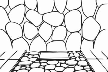 Poster - Illustration of a stone wall with a stone floor and a rectangular stone structure in black and white