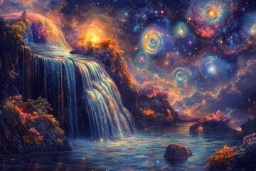 Poster - This stunning artwork features a celestial waterfall cascading into a serene river, enveloped in a vibrant cosmic sky filled with glowing stars and mysterious planets.