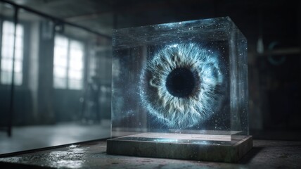 Poster - Biometric technology showcases an artificial eye in a futuristic display setting